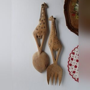 Vintage Wooden Giraffe Spoon and Fork Set